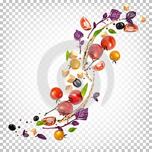 Beautiful appetizing composition of vegetables. Greek Salad Recipe. Cherry tomatoes, basil, vegetable oil, cheese slices, olives,